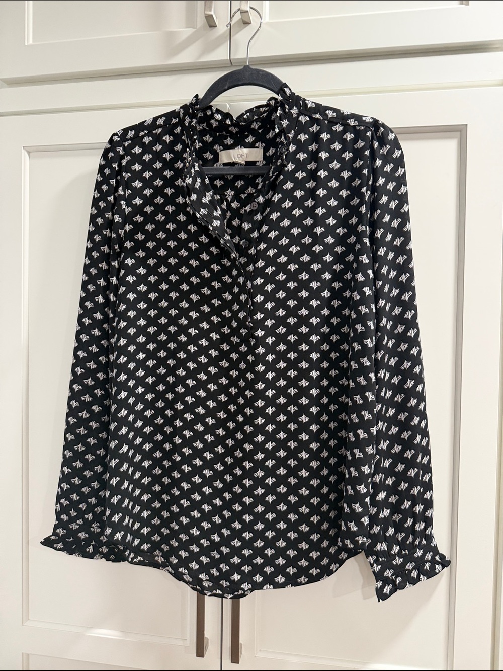 LOFT Black Blouse with White Geo Print